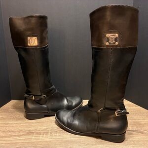 TOMMY HILFIGER Womens Boots Size 9M Tall Knee High Black Brown Full Zip Riding